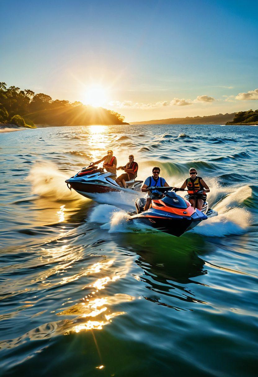 A dynamic collage showcasing a serene sailboat gliding across tranquil waters, an energetic angler reeling in a fish, and a group of friends joyfully riding jet skis through splashing waves. The scene captures the essence of adventure on the water, with a bright blue sky and colorful sun reflecting on the waves. Incorporate elements of safety gear subtly integrated into the activities. vibrant colors. super-realistic.