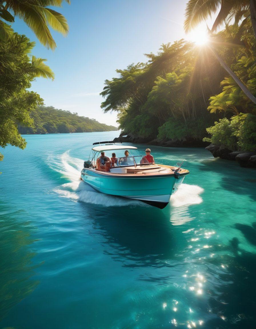 A serene scene of a stylish boat gently cruising on clear blue waters, with sunlight reflecting off the waves. In the foreground, a family enjoys their day on the boat, smiling and laughing, while safety gear is visibly present. In the background, a shore with lush greenery and a tranquil atmosphere symbolizes peace of mind. The overall vibe is protective and adventurous, capturing the essence of boat insurance. super-realistic. vibrant colors. 3D.