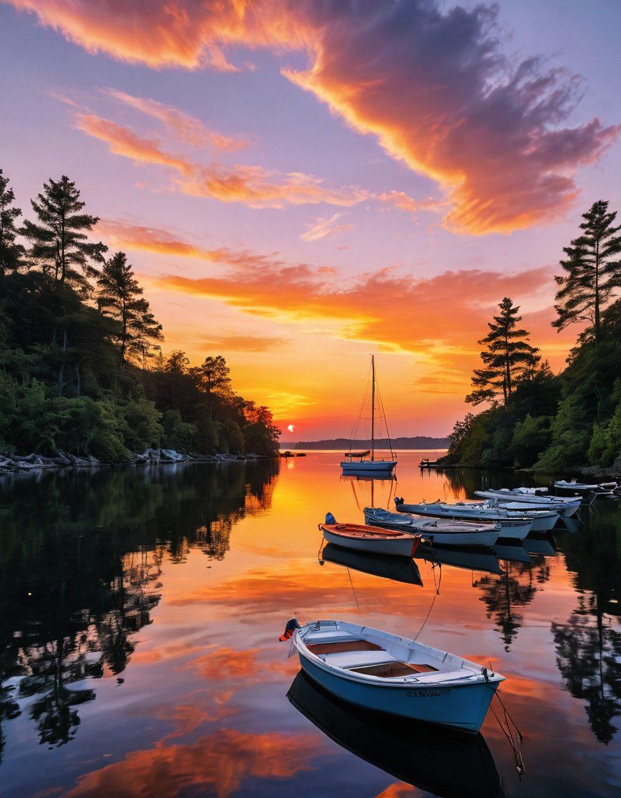 A serene lakeside scene featuring a diverse range of boats, from a sailboat to a motorboat, all anchored safely. Above, the sky is a beautiful blend of blue and orange, representing a sunset. Add visual elements like a checklist or insurance document floating on the water, symbolizing boat insurance. Capture the essence of adventure with gentle waves and lush greenery in the background. super-realistic. vibrant colors. peaceful atmosphere.